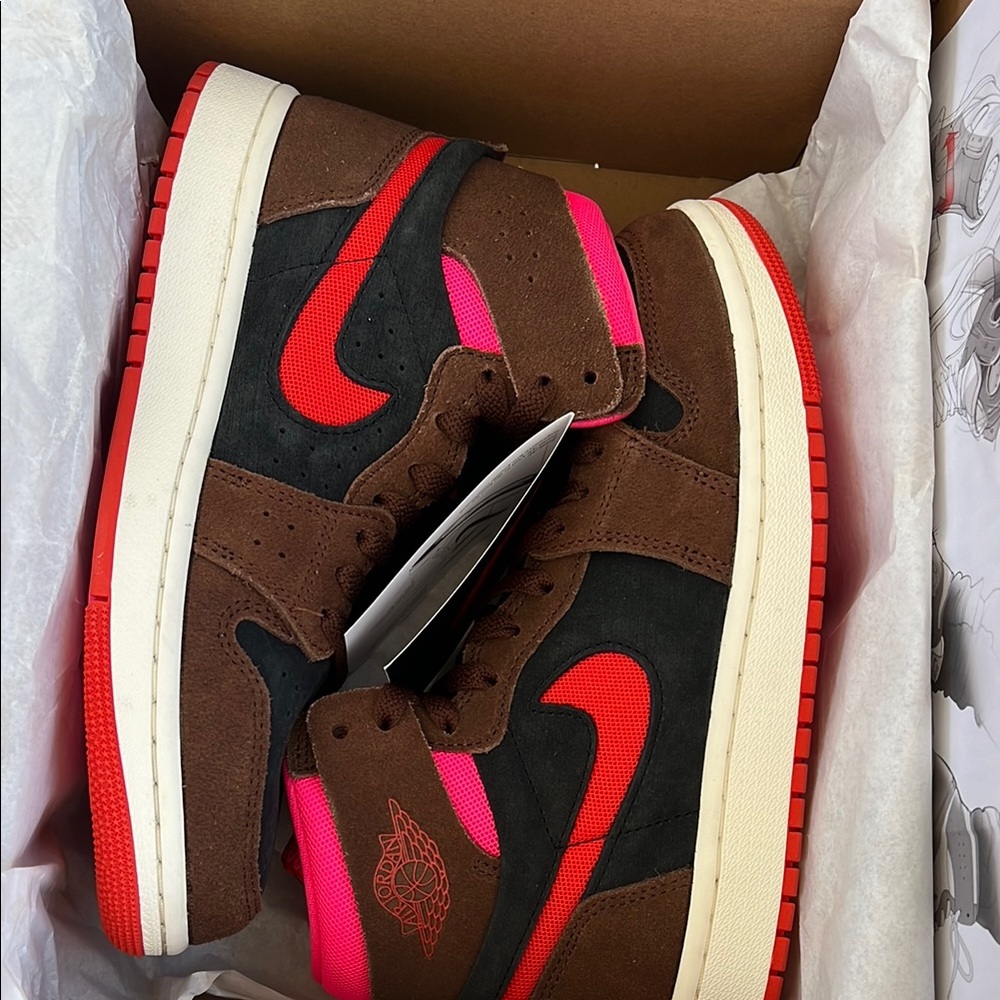 Brown and Black Sneakers with Red and Pink Accents